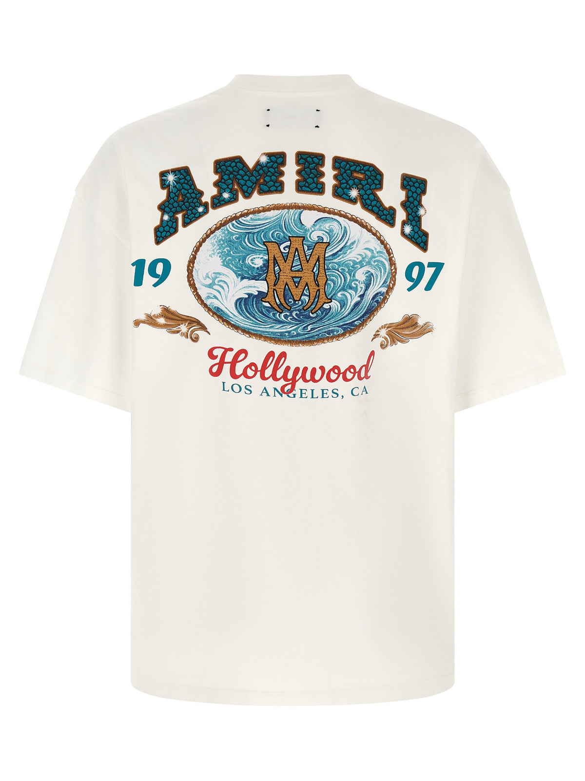 T-Shirt by Amiri for men in modacrylic & cotton white, patterned, monogram & print showcases a dramatic silhouette, elegantly detailed with a dramatic crew neckline and for a truly dramatic finish.