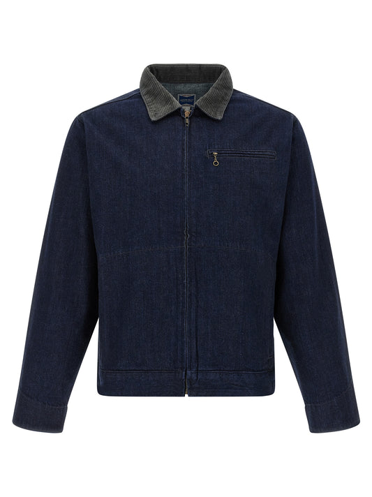 Trucker Jacket by Gramicci for men in denim cotton corduroy blue & indigo showcases a bohemian silhouette, artfully detailed with a bohemian square neckline and signature pockets for a truly bohemian finish.