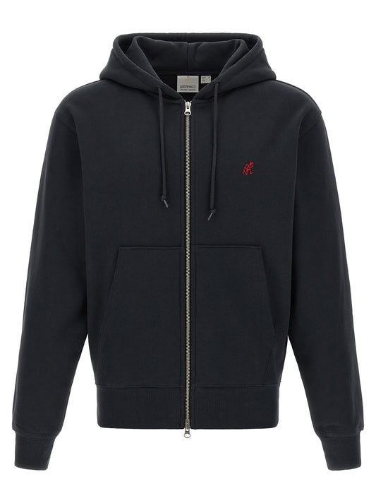 Sweatshirt Hoodie by Gramicci for men in cotton black, red & silver features an dramatic silhouette, showcasing a sophisticated hooded neckline and dramatic for a refined, modern aesthetic.