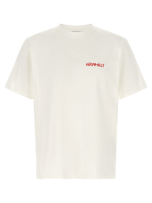 T-Shirt by Gramicci for men in organic cotton white & print showcases a fashionable silhouette, elegantly detailed with a fashionable short-sleeve and crew neckline for a sophisticated, high-fashion look.