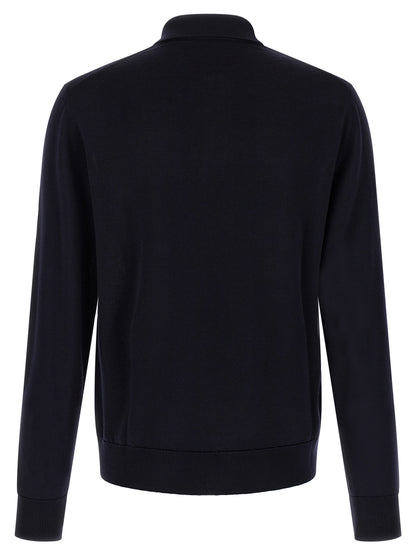 Polo Shirt by Dolce & Gabbana for men in virgin wool navy & monogram showcases a sharp silhouette, detailed with a refined shirt-collar neckline and sharp for a sophisticated finish.