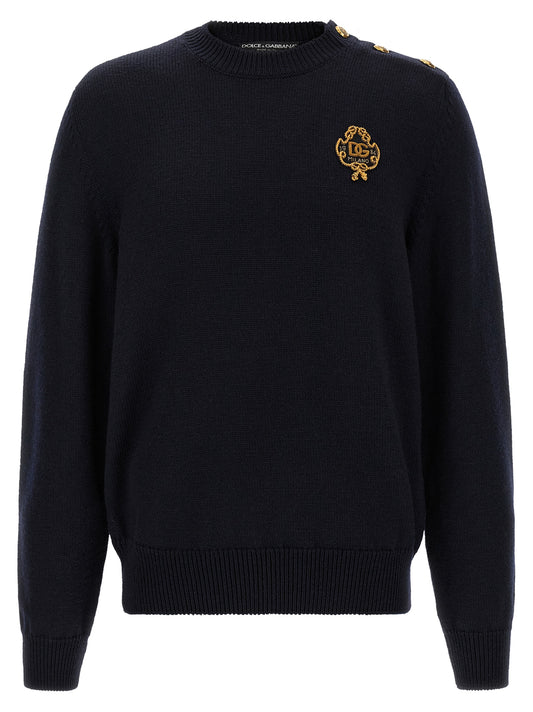 Cardigan by Dolce & Gabbana for men in virgin wool dark-blue, gold & monogram features an impeccable silhouette, showcasing a sophisticated crew neckline and long-sleeve detail for a truly impeccable finish.