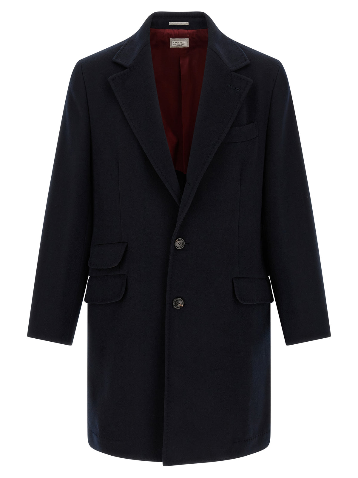 Overcoat by Brunello Cucinelli for men in beaver hair & virgin wool blue, burgundy & horn features an satoral silhouette, showcasing a sophisticated and satoral pockets for a premium, timeless look.