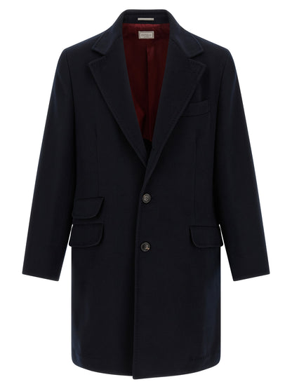 Overcoat by Brunello Cucinelli for men in beaver hair & virgin wool blue, burgundy & horn features an satoral silhouette, showcasing a sophisticated and satoral pockets for a premium, timeless look.