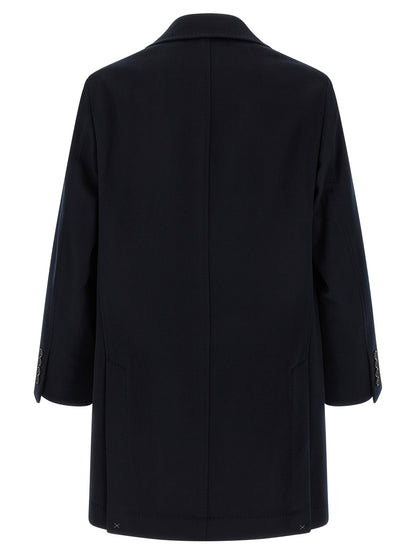 Overcoat by Brunello Cucinelli for men in beaver hair & virgin wool blue, burgundy & horn showcases a enveloping silhouette, detailed with distinctive pockets and a enveloping .