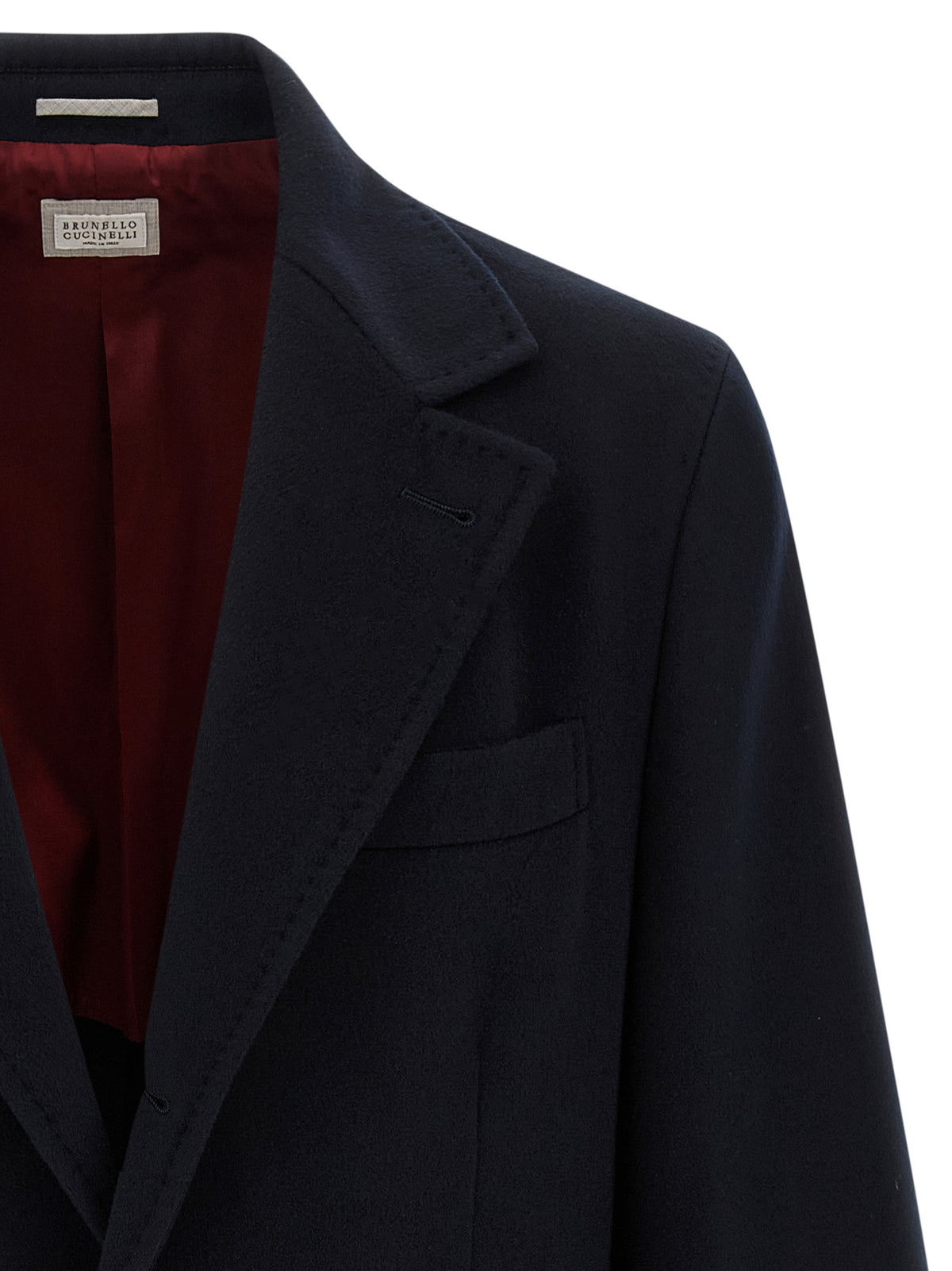 Overcoat by Brunello Cucinelli for men in beaver hair & virgin wool blue, burgundy & horn showcases a architectural silhouette, artfully detailed with a distinctive and functional pockets for a architectural finish.