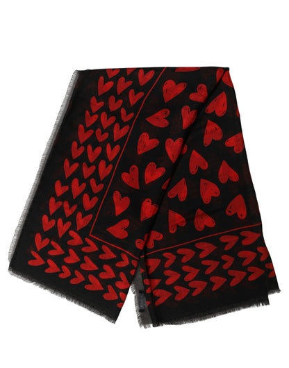 Dolce & Gabbana Black Red Cashmere Hearts Print Stole Scarf