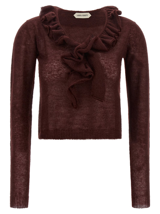 Cardigan by Alberta Ferretti for women in mohair & polyamide bordeaux & burgundy features a nuanced silhouette with a refined v-neck neckline and nuanced long-sleeve detailing for a sophisticated look.