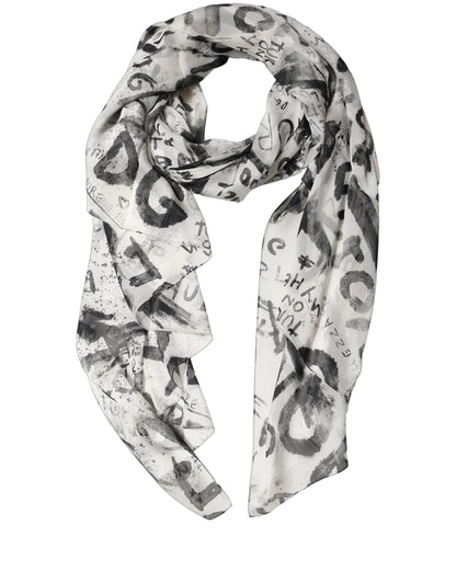 Dolce & Gabbana White Graffiti Logo Silk Shawl Stole Scarf