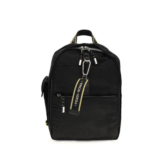 Large Backpack by Fendi for men in calfskin & polyamide black, silver & patchwork features a fashionable silhouette, showcasing the Ribbon Calfskin & Polyamide Large Backpack design with a secure zipper, ample external-pockets & internal-pockets, and versatile backpack-strap, adjustable-strap & handle.