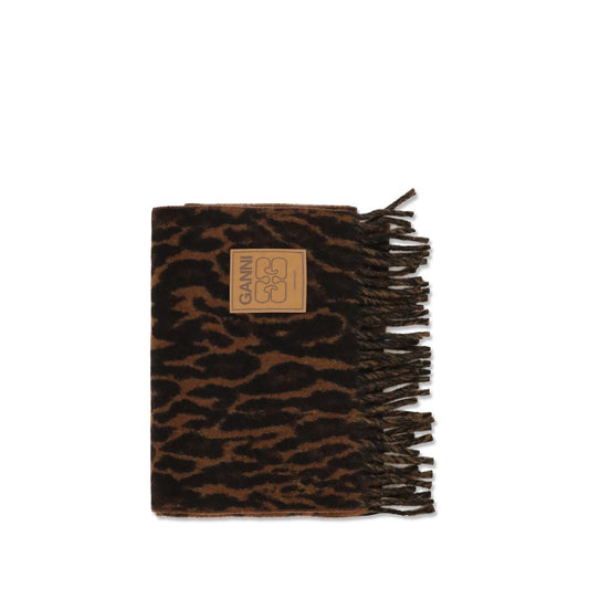 Ganni Wool Shawl Fringes Scarf - Brown Leopard Print Print