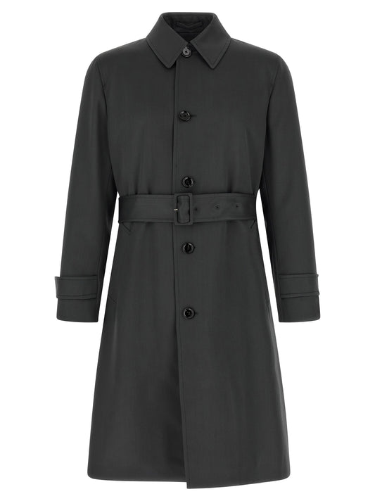 Trench Coat by Lardini for men in virgin wool gray presents a utilitarian silhouette, showcasing a utilitarian split single-breasted neckline and sophisticated pockets for a truly utilitarian look.