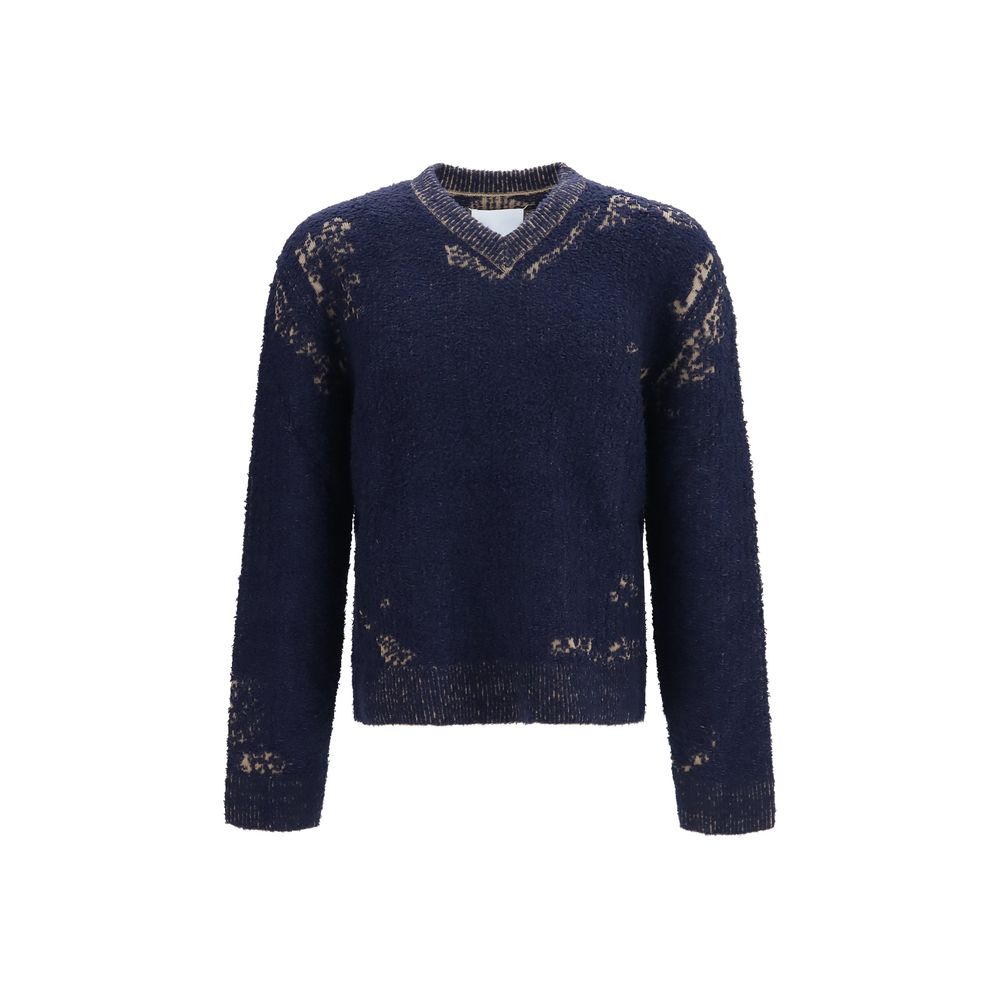 Maison Margiela Men's Regular Fit V Neck Cotton Polyamide & Merino Wool Sweatshirt - Blue