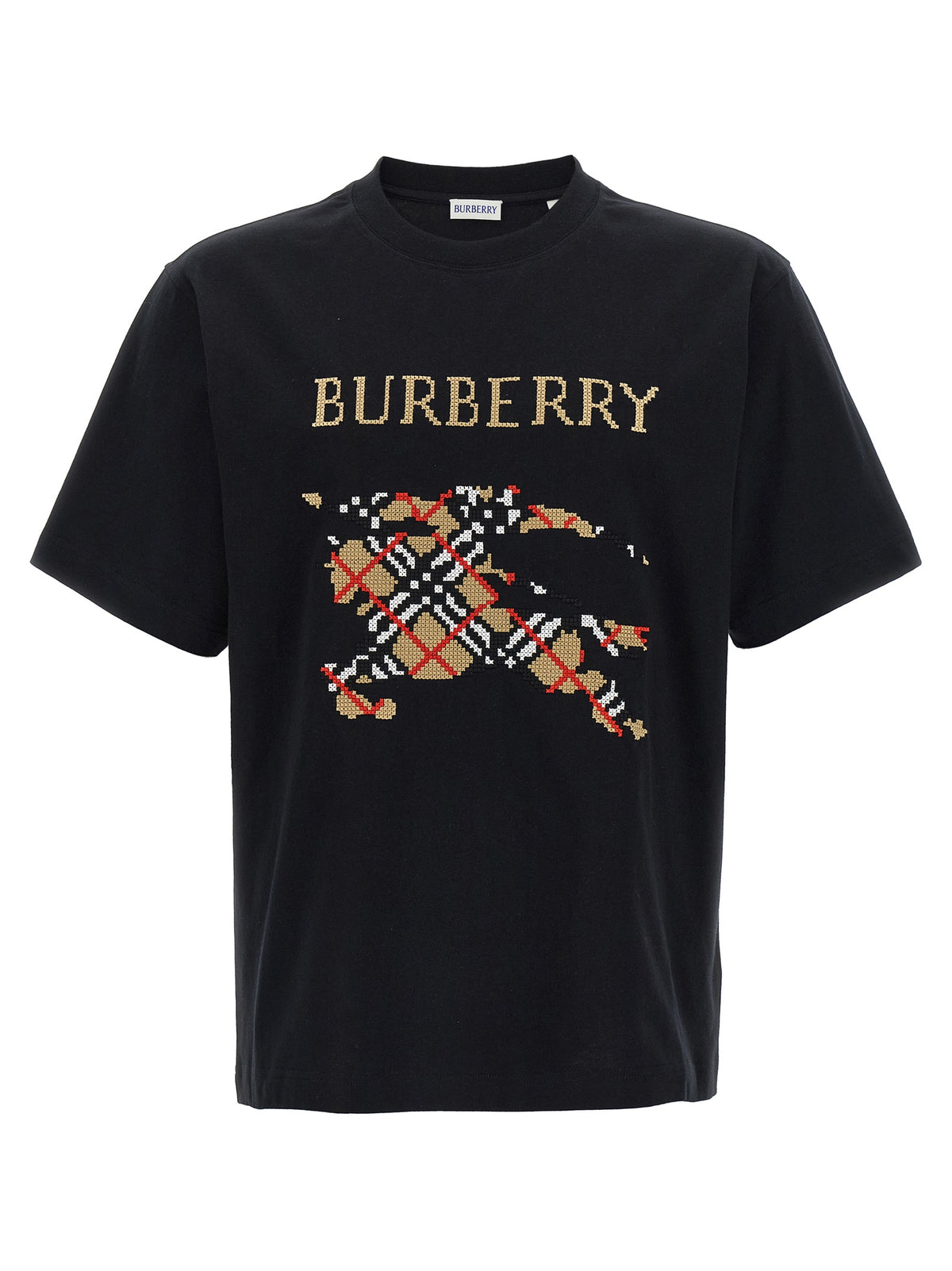 T-Shirt by Burberry for men in cotton black & patterned showcases a unassuming silhouette, artfully detailed with a refined crew neckline and unassuming short-sleeve for a sophisticated, contemporary look.
