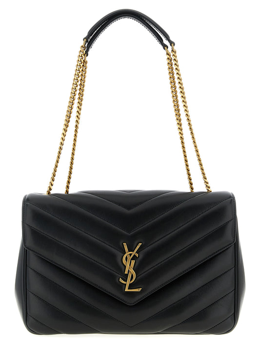 Large Shoulder Quilted Flap Clutch Bag by Saint Laurent for women in cotton lambskin leather & metal black & chevron features a effortless chic silhouette with a secure flap & magnetic, ample , and versatile shoulder-strap for a effortless chic finish.