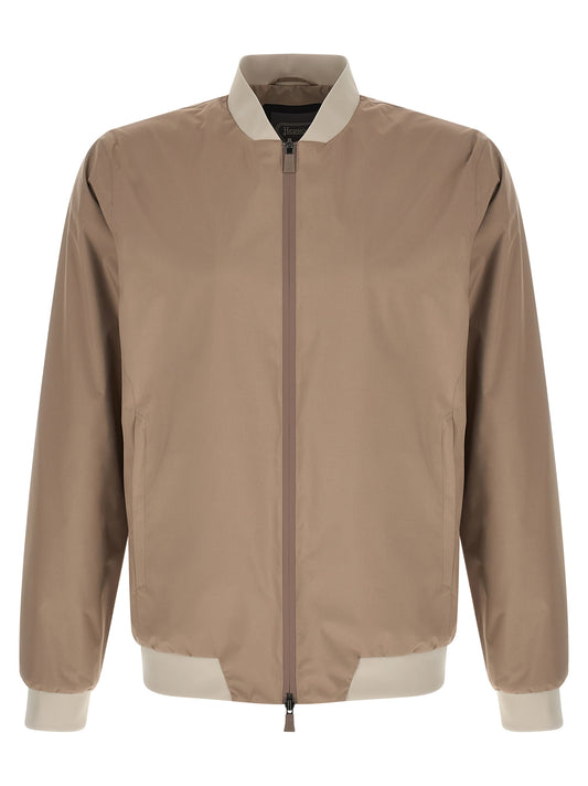 Bomber Jacket by Herno for men in polyester beige presents a effortlessly chic silhouette, showcasing a sophisticated high-neck neckline and premium breathable-design & pockets for a truly effortlessly chic finish.
