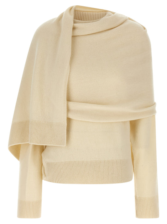 Cardigan by Armarium for women in cashmere cream & white features an crisp silhouette, showcasing a sophisticated crew neckline and detail for a truly crisp finish.