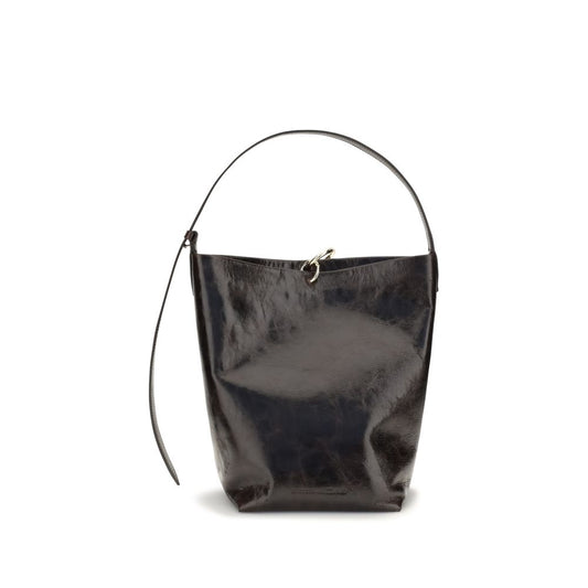 Medium Shoulder Bucket Bag by Benedetta Bruzziches for women in bos taurus suede calf leather black presents a versatile silhouette, showcasing a secure and versatile with versatile shoulder-strap for a sophisticated look.