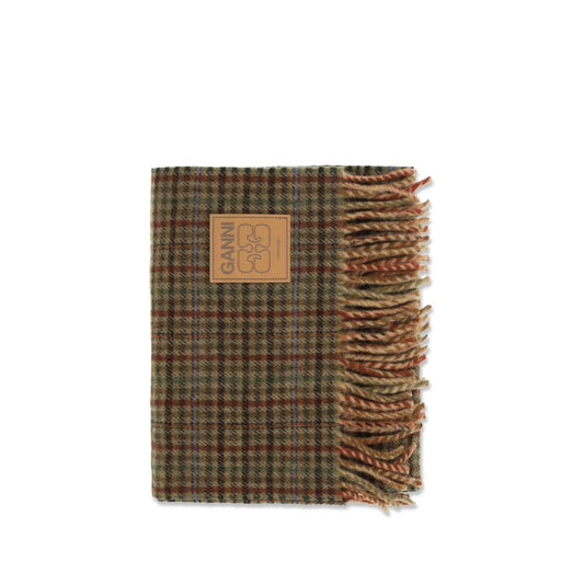 Ganni Wool Fringes Scarf - Brown Patterned