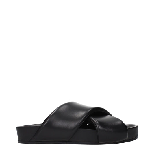 Flat Clogs Slippers by Jil Sander for men in leather black features an timeless Men's Leather Flat Clogs Slippers aesthetic, defined by a flat and a refined open toe style.