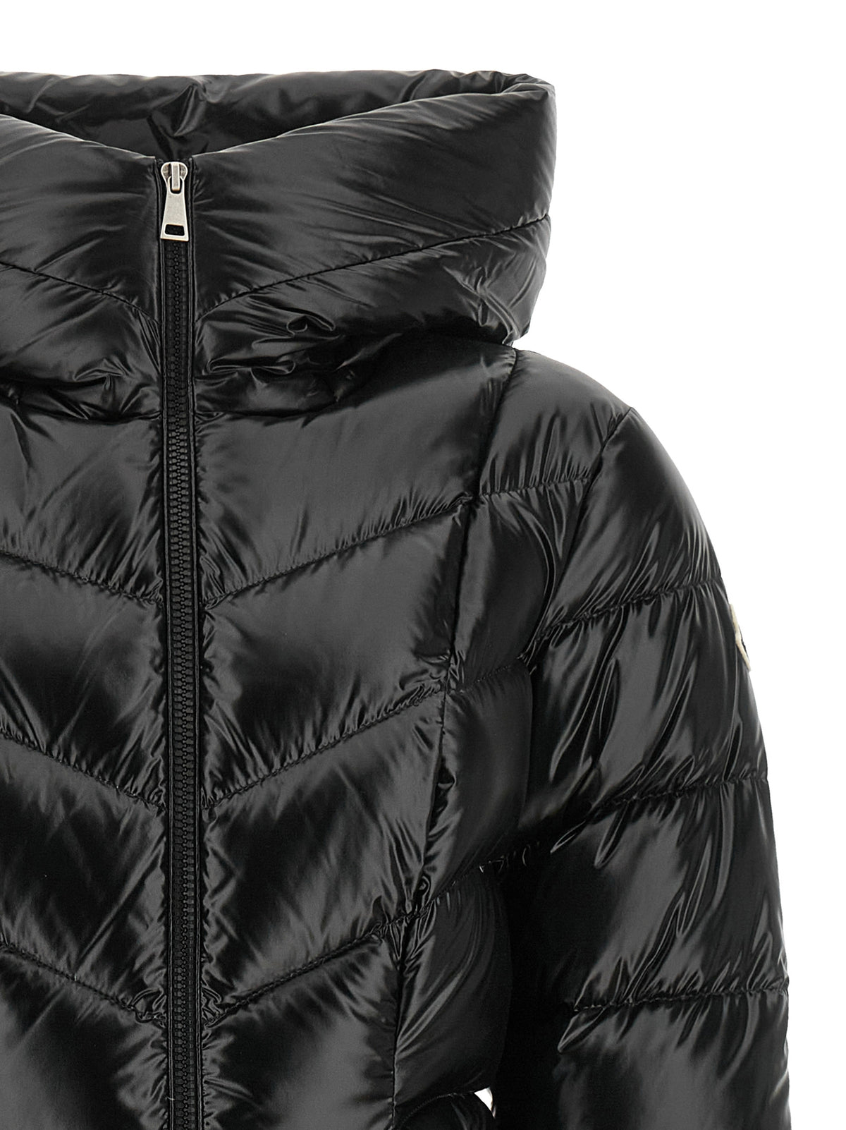 Puffer Jacket by Moncler for women in polyamide felt black, patterned & chevron features an contemporary silhouette, showcasing a sophisticated wrap high-neck neckline and contemporary pockets & insulated for a truly refined look.
