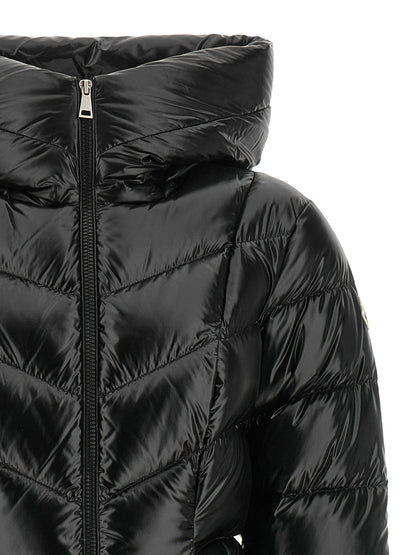 Puffer Jacket by Moncler for women in polyamide felt black, patterned & chevron features an contemporary silhouette, showcasing a sophisticated wrap high-neck neckline and contemporary pockets & insulated for a truly refined look.
