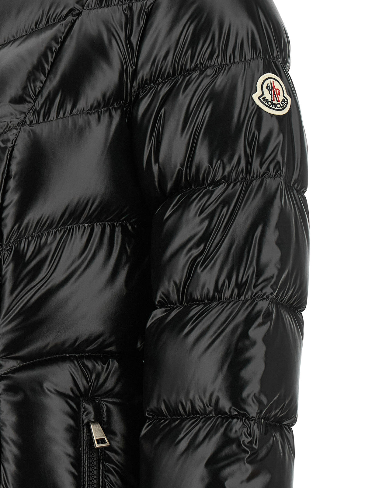 Puffer Jacket by Moncler for women in polyamide felt black, patterned & chevron features a city-ready silhouette, detailed with pockets & insulated and a city-ready .
