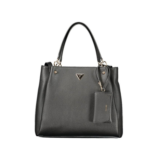 Handbag by Guess Jeans for women in polyethylene black features a contemporary silhouette, showcasing a secure snap & zipper, ample built-in-compartments, document-holder, removable-pouch, external-pockets, internal-pockets & coin-purse, and contemporary handle for a sophisticated look.