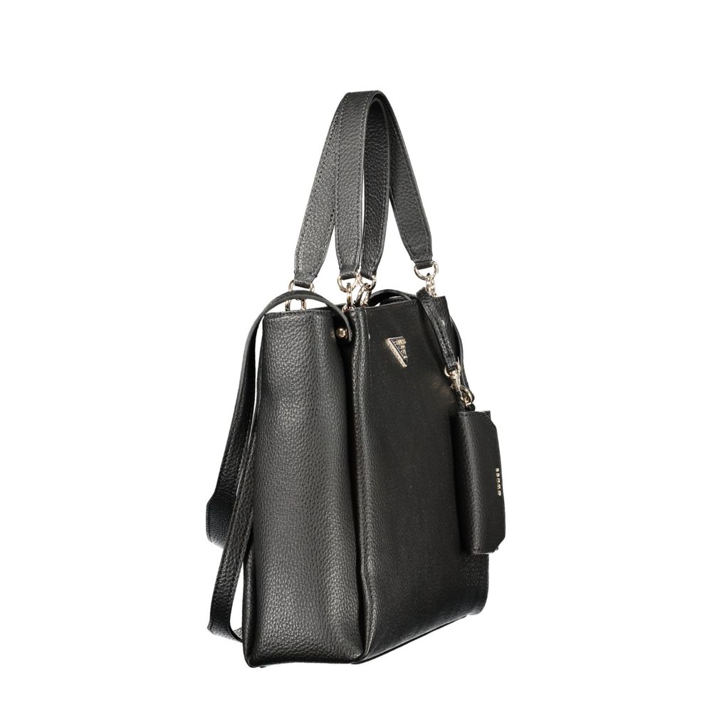 Handbag by Guess Jeans for women in polyethylene black presents a ornamental silhouette, showcasing a secure snap & zipper, ample built-in-compartments, document-holder, removable-pouch, external-pockets, internal-pockets & coin-purse, and versatile handle for a ornamental finish.