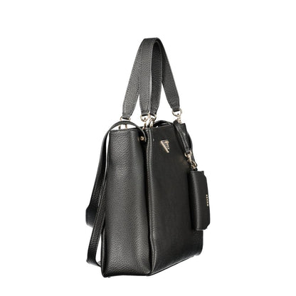 Handbag by Guess Jeans for women in polyethylene black presents a ornamental silhouette, showcasing a secure snap & zipper, ample built-in-compartments, document-holder, removable-pouch, external-pockets, internal-pockets & coin-purse, and versatile handle for a ornamental finish.
