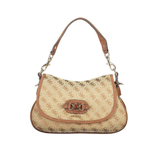 Handbag by Guess Jeans for women in polyester beige features a signature silhouette, showcasing a secure snap & zipper and signature external-pockets, internal-pockets & cardholder with versatile shoulder-strap, adjustable-strap & handle for a sophisticated look.
