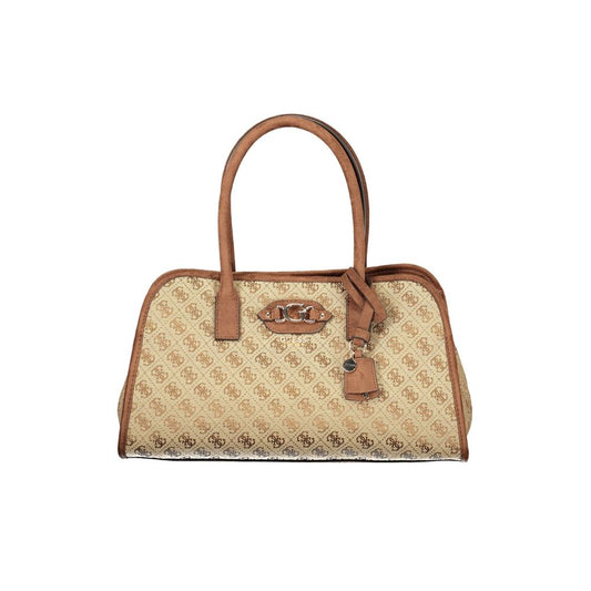Handbag by Guess Jeans for women in polyester beige & print features a signature silhouette, showcasing a secure snap & zipper and signature built-in-compartments, document-holder, external-pockets & internal-pockets with versatile shoulder-strap, adjustable-strap & handle for a sophisticated look.