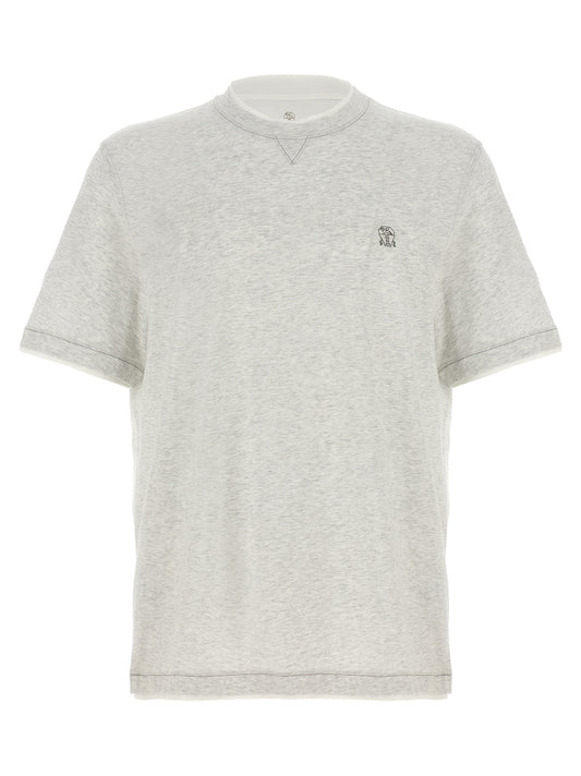 T-Shirt by Brunello Cucinelli for men in cotton gray showcases a fashionable silhouette, elegantly detailed with a fashionable short-sleeve and crew neckline for a sophisticated, high-fashion look.