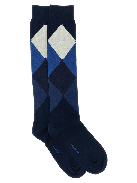 Socks by Ballantyne for men in cotton blue & patterned features a snug silhouette, artfully capturing the essence of the snug Men's Cotton Socks design for a sophisticated look.