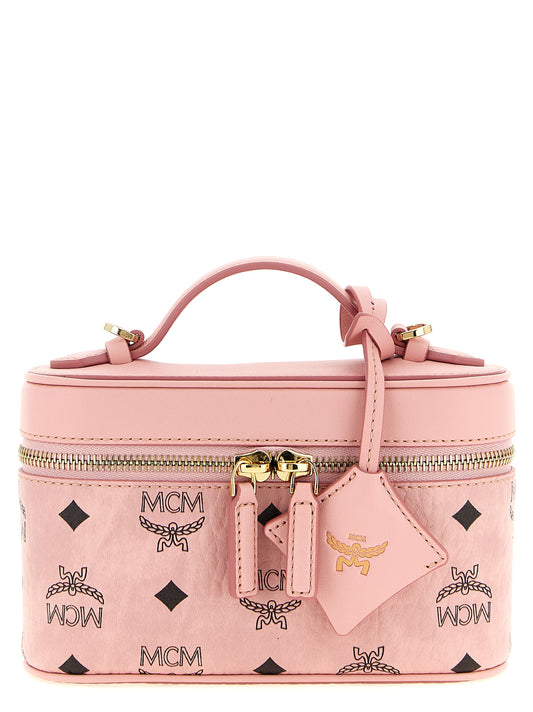 Vanity Handbag by MCM for women in canvas suede leather & polyethylene multicolor, natural & monogram features a signature silhouette, showcasing a secure zipper and signature with versatile shoulder-strap, adjustable-strap & handle for a sophisticated look.