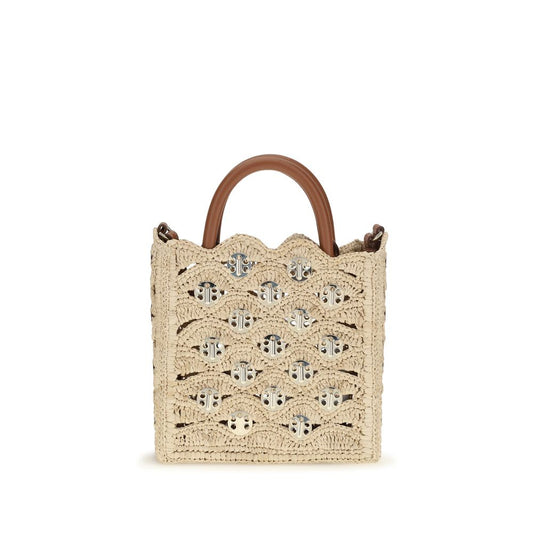 Compact Shoulder Bag by Rabanne for women in calf leather raffia & stainless steel beige, gold & signature features a distinguished silhouette, showcasing a secure open-top and distinguished with versatile shoulder-strap, handle, adjustable-strap & detachable-strap for a distinguished finish.