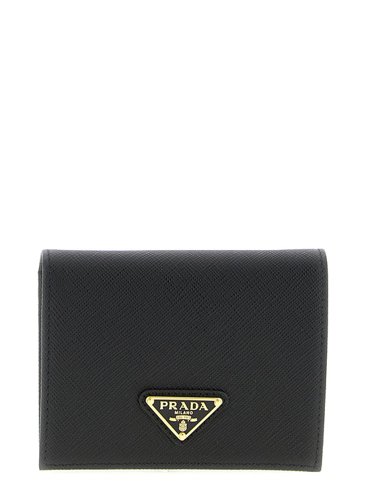 Cardholder Card Case by Prada for women in calfskin saffiano leather & metal black & gold features a polished Calfskin Saffiano Leather & Metal Cardholder Card Case design with polished card-organization.