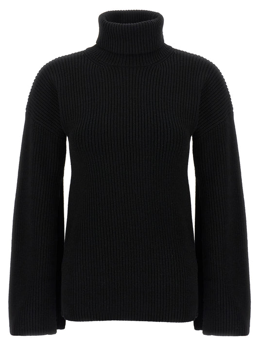 Cardigan by TOTEME for women in wool black features a dramatic silhouette, showcasing a sophisticated turtle split high-neck neckline and dramatic detail for a timeless, premium look.
