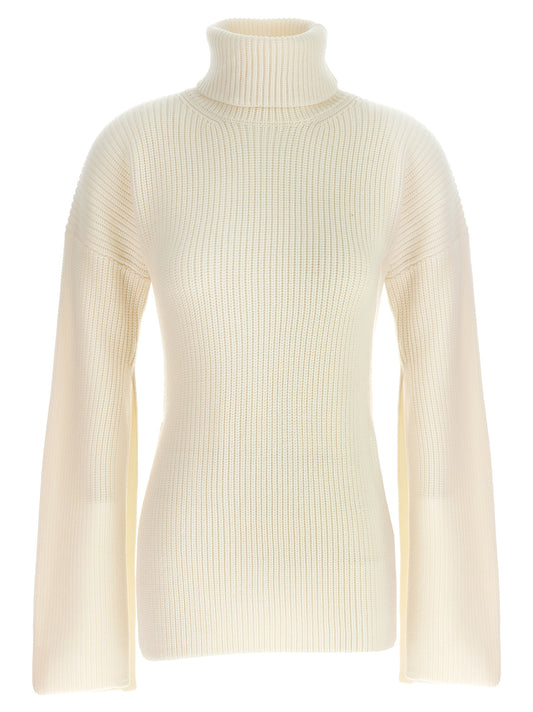 Cardigan by TOTEME for women in wool white features a nuanced silhouette with a refined split high-neck neckline and nuanced long-sleeve detailing for a sophisticated look.