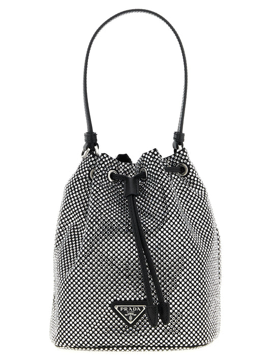 Bucket Handbag by Prada for women in saffiano leather viscose satin & crystal gray features a refined silhouette, showcasing a secure drawstring, organized , and versatile shoulder-strap, adjustable-strap & handle for a refined finish.