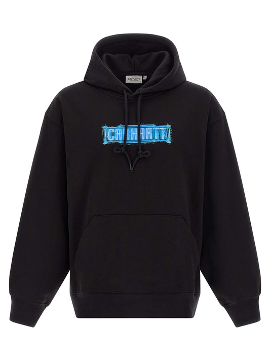 Sweatshirt Hoodie by Carhartt Wip for men in cotton polyester black & print features an dramatic silhouette, showcasing a sophisticated hooded neckline and dramatic for a refined, modern aesthetic.