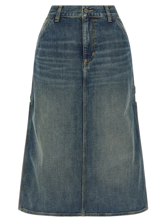 Skirt by Carhartt Wip for women in denim cotton blue features a captivating silhouette, showcasing the captivating Women's Denim Flared Cotton Midi Knee Skirt design with a sophisticated midi knee for a captivating look.