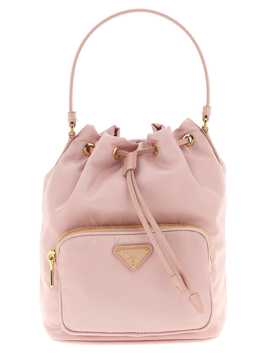 Bucket Handbag by Prada for women in nylon polyamide & saffiano leather multicolor features a exquisite silhouette, showcasing a secure zipper & drawstring and exquisite with versatile shoulder-strap, adjustable-strap & handle for a exquisite finish.