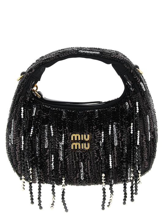 Mini Handbag by Miu Miu for women in polyester satin sequins & crystal black features an refined silhouette, showcasing a secure zipper, ample , and versatile shoulder-strap & handle for a sophisticated refined aesthetic.