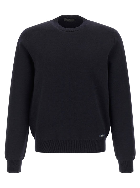 Cardigan by Prada for men in virgin wool blue showcases a luxurious silhouette, meticulously detailed with a sophisticated crew neckline and for a refined finish.