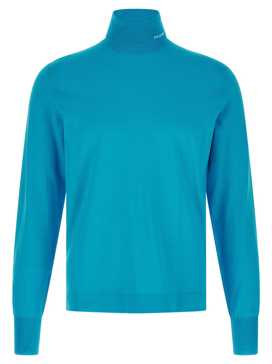 Cardigan by Prada for men in cotton blue features a dramatic silhouette, showcasing a sophisticated turtle high-neck neckline and dramatic detail for a timeless, premium look.