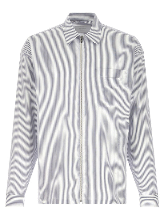 Shirt by Prada for men in cotton blue & striped showcases a sleek silhouette, elegantly detailed with a sleek and for a sleek finish.