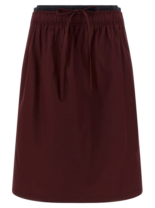 Skirt by Prada for women in polyester bordeaux features an tailored silhouette, artfully capturing the essence of Women's Flared Polyester Midi Skirt in a sophisticated midi.