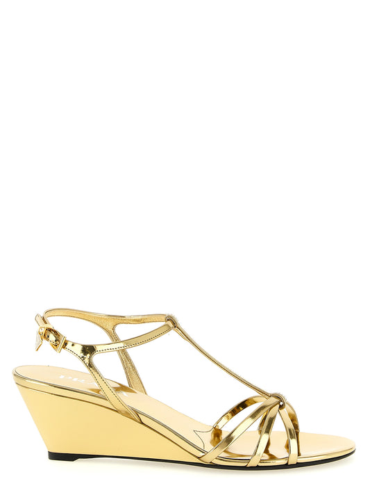 Wedge Ankle Strap Sandals by Prada for women in calfskin leather gold features an effortlessly chic silhouette from the Women's Calfskin Leather Wedge Ankle Strap Sandals collection, showcasing a effortlessly chic wedge and elegant .
