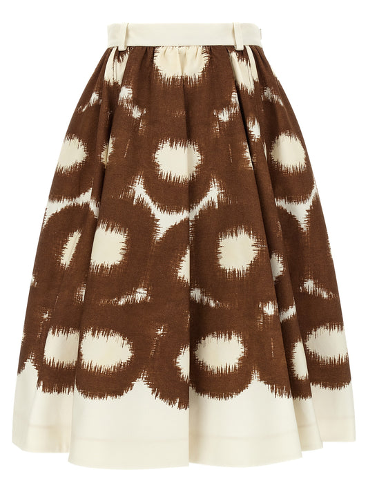 Skirt by Prada for women in cotton canvas brown & print showcases a sultry silhouette, elegantly defined by its midi and the sophisticated sultry design of the Women's Pleated Circle Cotton Canvas Midi Skirt.